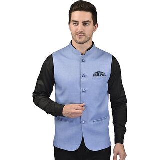 PrintCulture Men Self Design Blue Cotton Blend Nehru Jacket - Jackets & Coats | Buy online on ZillyBuy