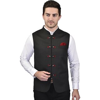 PrintCulture Men Solid Black Cotton Blend Nehru Jacket