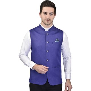 PrintCulture Men Self Design Blue Cotton Blend Nehru Jacket