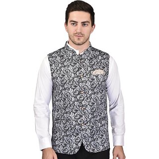 PrintCulture Men Printed Black Cotton Blend Nehru Jacket