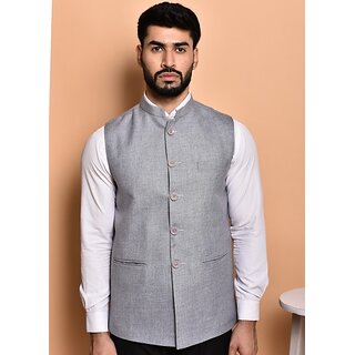 PrintCulture Men Solid Grey Cotton Blend Nehru Jacket
