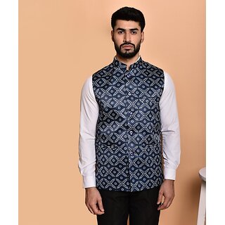 PrintCulture Men Printed Blue Cotton Blend Nehru Jacket - Jackets & Coats | Buy online on ZillyBuy