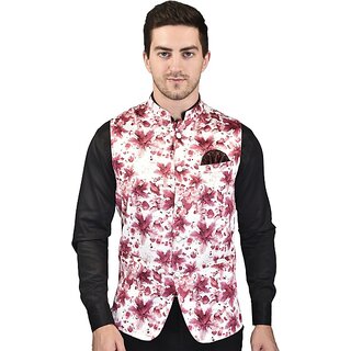 PrintCulture Men Printed Maroon Cotton Blend Nehru Jacket
