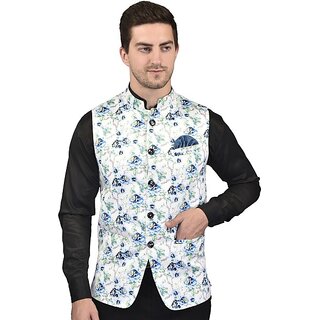PrintCulture Men Floral Blue Cotton Blend Nehru Jacket - Jackets & Coats | Buy online on ZillyBuy