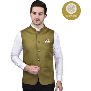 PrintCulture Men Solid Dark Green Cotton Blend Nehru Jacket - Jackets & Coats | Buy online on ZillyBuy