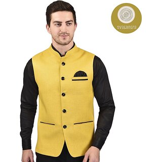 PrintCulture Men Solid Yellow Cotton Blend Nehru Jacket - Jackets & Coats | Buy online on ZillyBuy