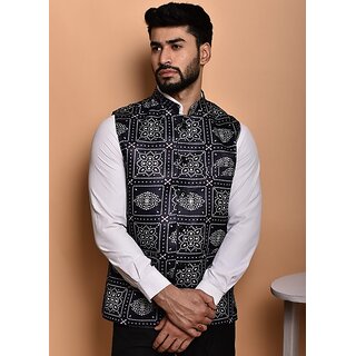 PrintCulture Men Printed Dark Blue Cotton Blend Nehru Jacket - Jackets & Coats | Buy online on ZillyBuy