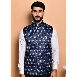 PrintCulture Men Printed Dark Blue Cotton Blend Nehru Jacket - Jackets & Coats | Buy online on ZillyBuy