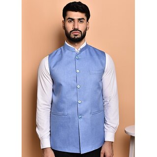 PrintCulture Men Solid Blue Cotton Blend Nehru Jacket - Jackets & Coats | Buy online on ZillyBuy