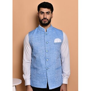 PrintCulture Men Self Design Blue Cotton Blend Nehru Jacket - Jackets & Coats | Buy online on ZillyBuy
