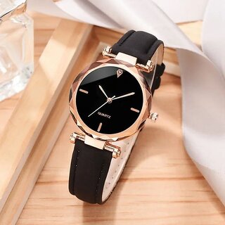 premium quality casual branded designer black 4 point dial leather belt analog watch for women