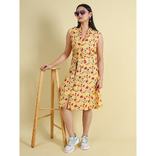 Granth Fashion Women Yellow Printed Half Sleeve Cotton Blend Dress