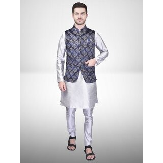 PrintCultr Men Silk Blend Blue Kurta Pyjama Ethnic Jacket Set - Ethnic Wear | Buy online on ZillyBuy