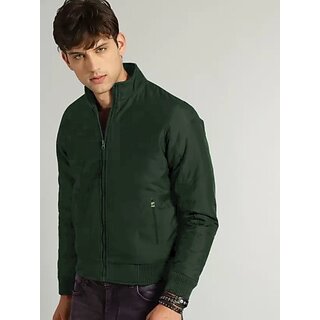fashlook bomber solid full sleeve dark green jacket for mens