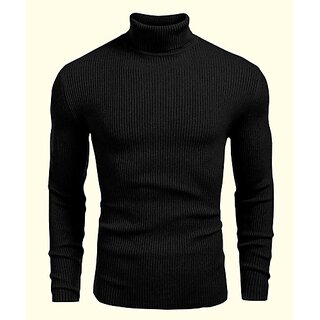 fashlook solid high neck pure cotton casual black full sleeve t shirt for mens