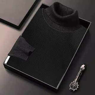 Fashlook Solid High Neck Wool Blend Casual Black Full Sleeve T-Shirt For Mens