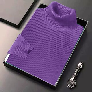 Fashlook Solid High Neck Wool Blend Casual Purple Full Sleeve T-Shirt For Mens
