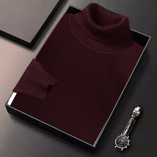 Fashlook Solid High Neck Wool Blend Casual Maroon Full Sleeve T-Shirt For Mens