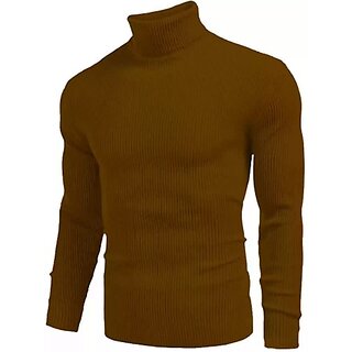 Fashlook Solid High Neck Cotton Blend Casual Brown Full Sleeve T-Shirt For Mens