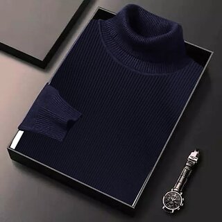Fashlook Solid High Neck Wool Blend Casual Blue Full Sleeve T-Shirt For Mens