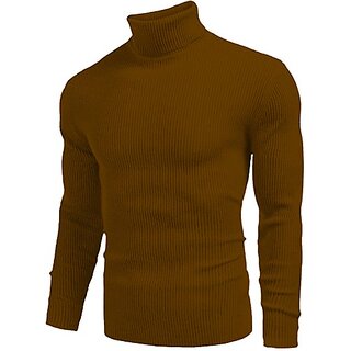 Fashlook Solid High Neck Wool Blend Casual Brown Full Sleeve T-Shirt For Mens