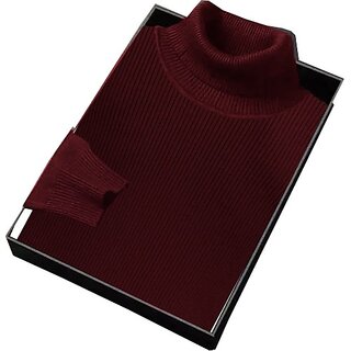 Fashlook Solid High Neck Wool Blend Casual Maroon Full Sleeve T-Shirt For Mens