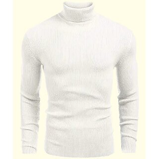Fashlook Solid High Neck Wool Blend Casual White Full Sleeve T-Shirt For Mens