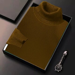 Fashlook Solid High Neck Wool Blend Casual Brown Full Sleeve T-Shirt For Mens
