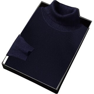 Fashlook Solid High Neck Wool Blend Casual Blue Full Sleeve T-Shirt For Mens