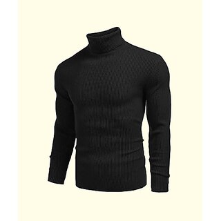 Fashlook Striped High Neck Cotton Blend Casual Black Full Sleeve T-Shirt For Mens