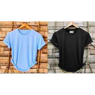 Fashlook Solid Round Neck Polyester Casual Blue Half Sleeve T-Shirt For Mens (Pack of 2)