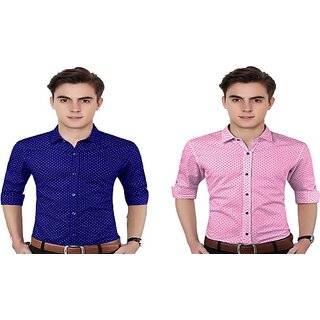 Fashlook Polka Print Curved Collar Regular Fit Cotton Blend Casual Blue///Pink Shirt For Mens (Pack of 2)