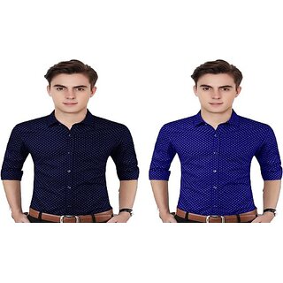 Fashlook Polka Print Curved Collar Regular Fit Polycotton Casual Dark Blue///Light Blue Shirt For Mens (Pack of 2)