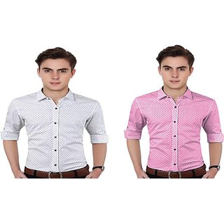 Fashlook Polka Print Curved Collar Regular Fit Cotton Blend Casual White///Pink Shirt For Mens (Pack of 2)