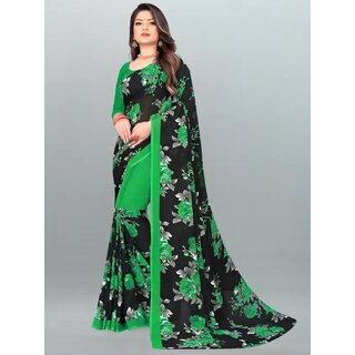 SVB Sarees Womens Green Colour Floral Printed Georgette Saree With Blouse Piece - Sarees | Buy online on ZillyBuy
