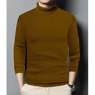 Fashlook Solid High Neck Wool Blend Full Sleeve Brown T-Shirt For Mens