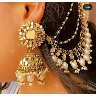 Beautiful Jhumka Earrings with Kaan Chain and Tikka Set - Earrings | Buy online on ZillyBuy