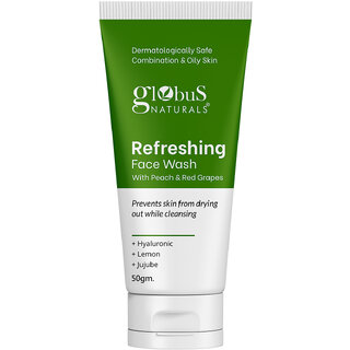 globus naturals refreshing face wash with peach red grapes for anti aging and moisturising suitable for combination oily skin 50gm