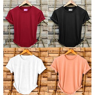 Fashlook Solid Round Neck Polyester Casual Multicolor Half Sleeve T-Shirt For Mens (Pack of 4)