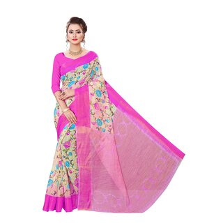 Pink Colour Flower Printed Cotton Saree With Blouse Piece - Sarees | Buy online on ZillyBuy