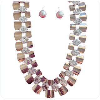 Silver Tone Tile Statement Design Necklace with Studded Earrings Set  Studded Statement Necklae for women silver