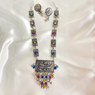 Elegant Long Pendant Style Oxidized Silver Tone Necklace and Earrings Set  Brass Alloy Necklace with Earrings for Women silver