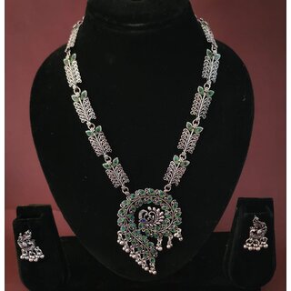 Elegant Long Pendant Style Oxidized Silver Tone Necklace and Earrings Set Brass Alloy Necklace with Earrings silver