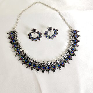 Elegant  Stylish Peacock Color Design Oxidized Silver Tone Necklace and Earrings Set   For women silver