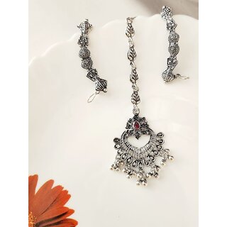 Oxidized silver- plated pink stone maangtika  Earcuff Combo (set pack of 1) silver