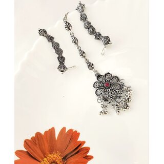 Oxidized silver plated pink stone maangtika  Earcuff Combo (set pack of 1) silver