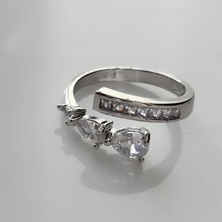 Rhodium-Plated  White Stone-Studded Adjustable Finger Ring