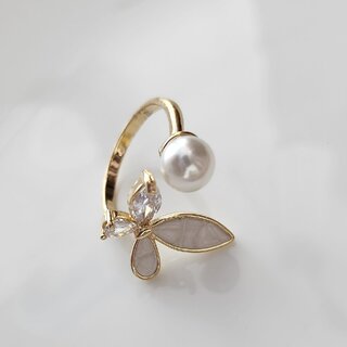 Gold-Plated Stainless Steel Pearl Buttrefly  Finger Ring gold
