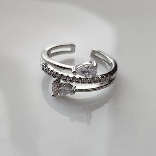 Rhodium-Plated  White Stone-Studded Adjustable Finger Ring silver