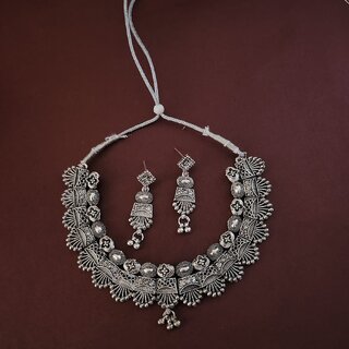 Elegant  Stylish Oxidized Silver Tone Necklace and Earrings Set  Brass Alloy Necklace with Earrings for Women (Set of silver